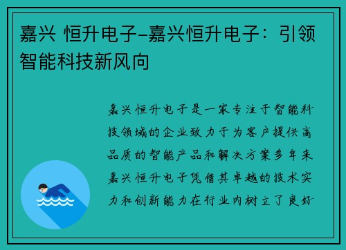 嘉兴 恒升电子-嘉兴恒升电子：引领智能科技新风向
